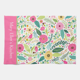 Rosa och gröna vårblommor kökshandduk