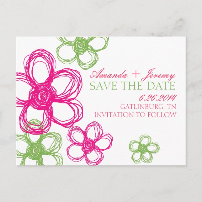 Rosa och gröna vilda blommor Save The Date Meddelande Vykort (Framsida)