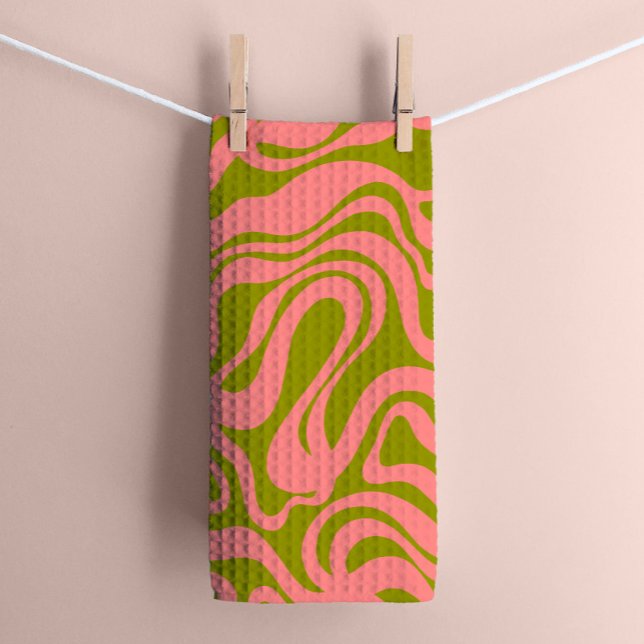 Rosa och Grönt 1970-talet Retro Modern Swirl Kökshandduk (Skapare uppladdad)