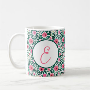 Rosa och grönt akvarell blomster mönster monogram kaffemugg