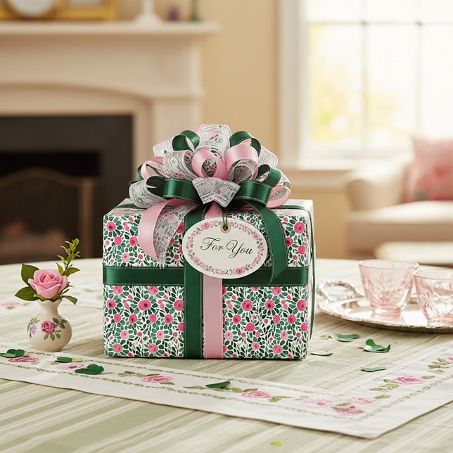 Rosa och grönt akvarell blomster mönster presentpapper (Skapare uppladdad)