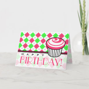 Rosa och Grönt Argyle Birthday Card - Rosa Cupaka Kort