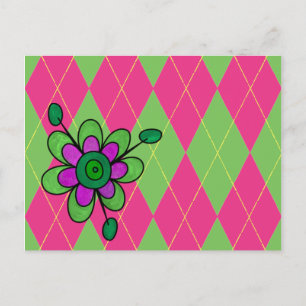 Rosa och Grönt Argyle & Flower Vykort