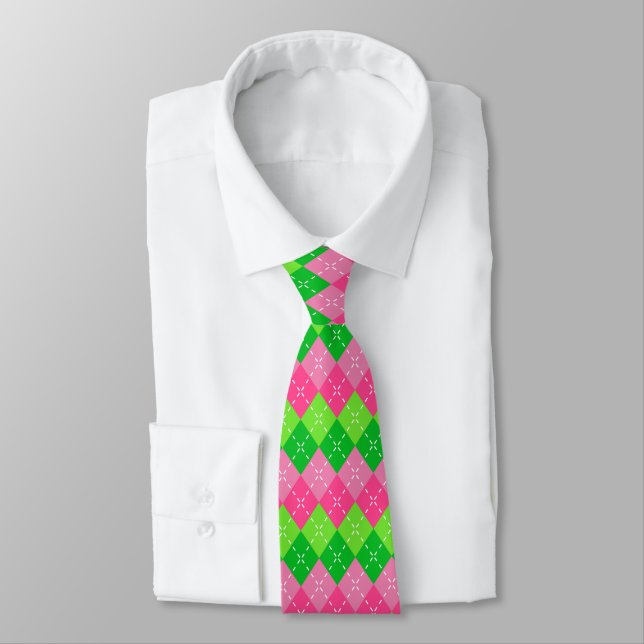 Rosa och Grönt Argyle med vit slitning Slips (Bunden)