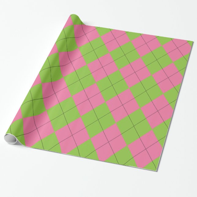 Rosa och Grönt Argyle Mönster Presentpapper (Utrullad)