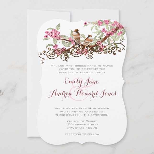 Rosa och Grönt av skogar i Love birds i Träd Inbjudningar (Framsida)