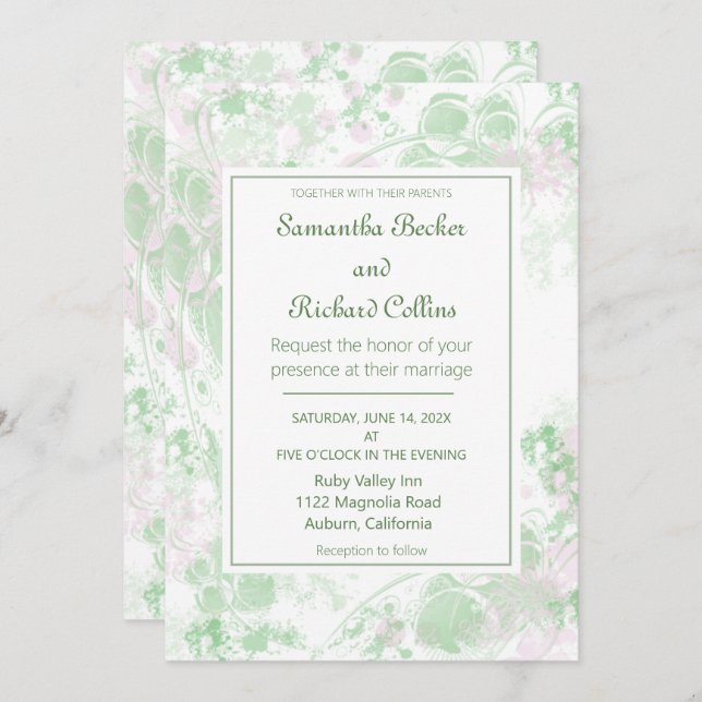 Rosa och Grönt av vattenfärg i Botaniska Bröllop Inbjudningar (Fram/baksida)