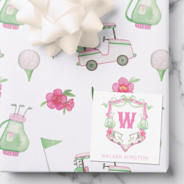 Rosa och Grönt av vattenfärgen Golf Cart Monogram- Anteckningskort