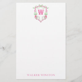 Rosa och Grönt av vattenfärgen Golf Cart Monogram- Brevpapper