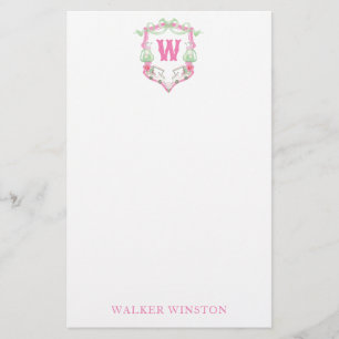 Rosa och Grönt av vattenfärgen Golf Cart Monogram- Brevpapper