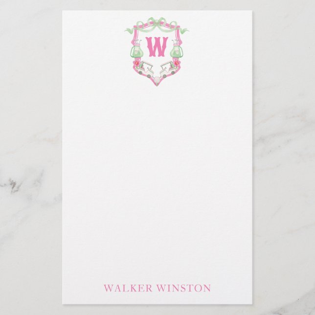 Rosa och Grönt av vattenfärgen Golf Cart Monogram- Brevpapper (Framsida)