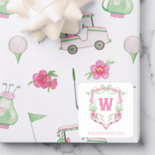 Rosa och Grönt av vattenfärgen Golf Cart Monogram- Fyrkantigt Klistermärke