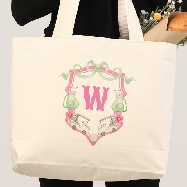 Rosa och Grönt av vattenfärgen Golf Cart Monogram- Jumbo Tygkasse (Skapare uppladdad)