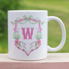 Rosa och Grönt av vattenfärgen Golf Cart Monogram- Kaffemugg