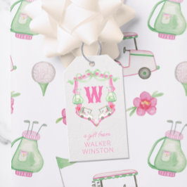 Rosa och Grönt av vattenfärgen Golf Cart Monogram- Presentetikett