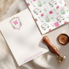 Rosa och Grönt av vattenfärgen Golf Cart Monogram- Tack Kort