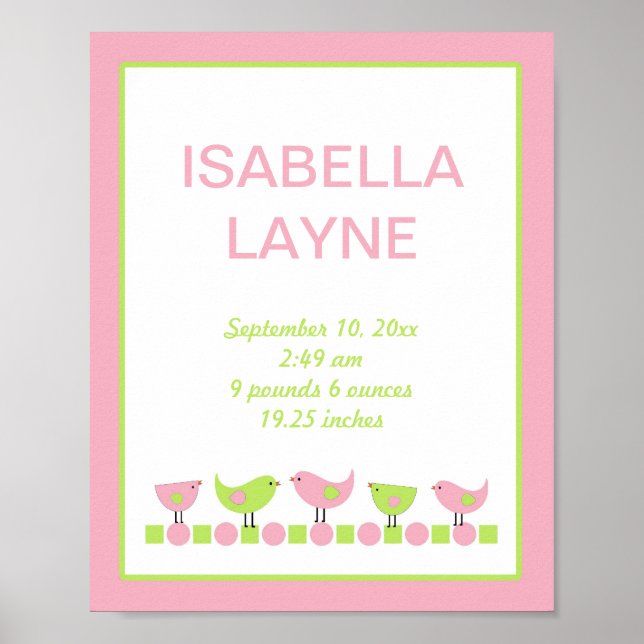 Rosa och Grönt Birds Girl Nursery Wall Art Poster (Framsidan)
