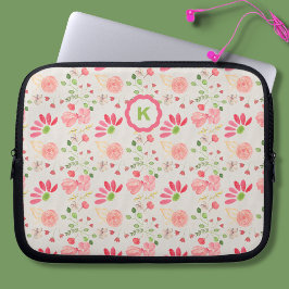 Rosa och Grönt Blommigt Botanicals Monogram Laptop Fodral