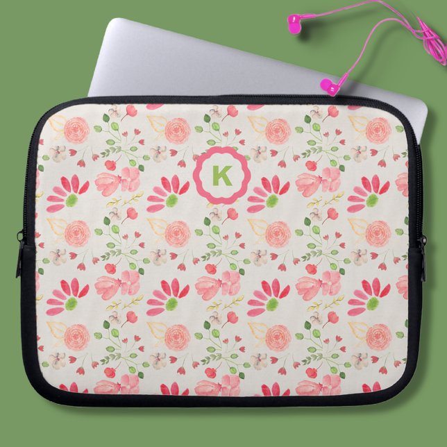 Rosa och Grönt Blommigt Botanicals Monogram Laptop Fodral (Skapare uppladdad)