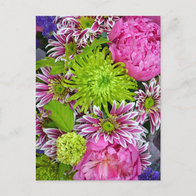 Rosa och grönt blommigt bouquet vykort (Framsida)