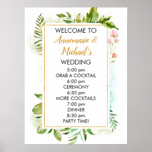 Rosa och Grönt Blommigt Bröllop välkomstskylt Poster
