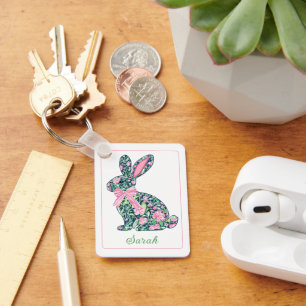 Rosa och Grönt Blommigt Chinoiserie Bunny med Bow Nyckelring