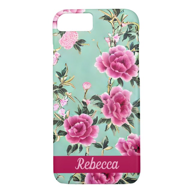 Rosa och Grönt Blommigt Chinoiserie Case-Mate iPhone Skal (Baksida)