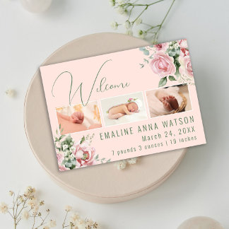Rosa och Grönt Blommigt Foto Baby-meddelande Inbjudningar