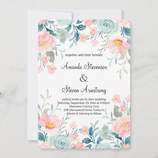 Rosa och Grönt Blommigt Gräns Elegant bröllop Inbjudningar (Framsida)