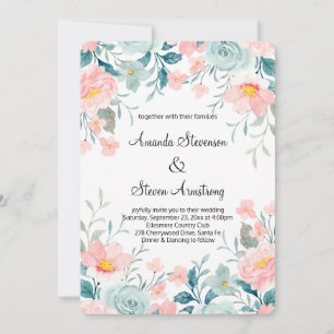 Rosa och Grönt Blommigt Gräns Elegant bröllop Inbjudningar