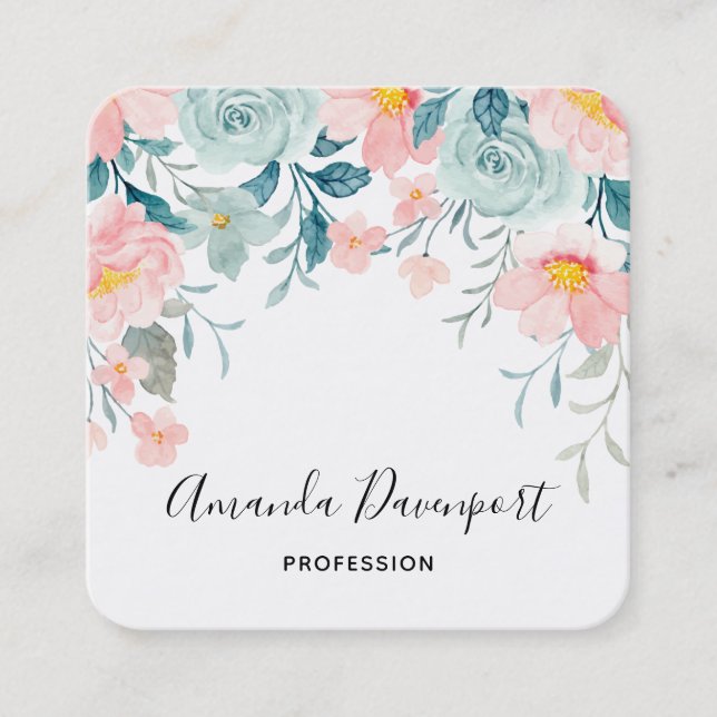 Rosa och Grönt Blommigt Gräns Elegant Fyrkantigt Visitkort (Framsida)