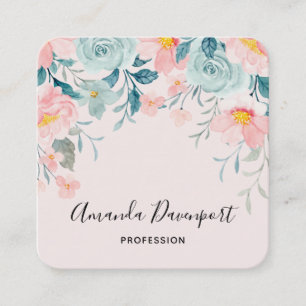 Rosa och Grönt Blommigt Gräns Elegant Fyrkantigt Visitkort