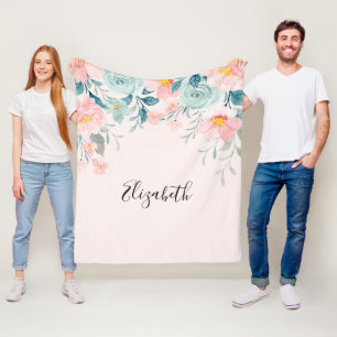 Rosa och Grönt Blommigt Gräns Fleecefilt