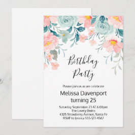 Rosa och Grönt Blommigt Gräns födelsedag Inbjudningar