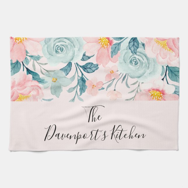 Rosa och Grönt Blommigt Gräns Kökshandduk (Horisontell)