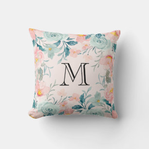 Rosa och Grönt Blommigt Gräns Monogram Kudde