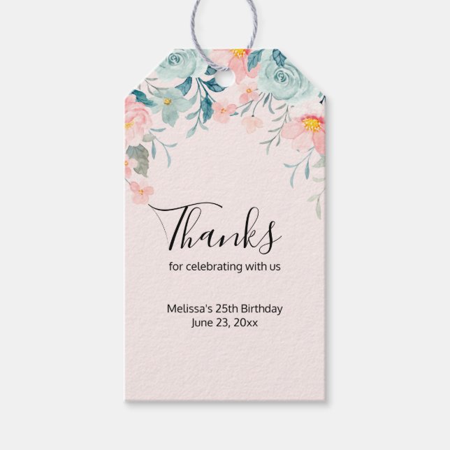 Rosa och Grönt Blommigt Gräns Tack Presentetikett (Framsidan)