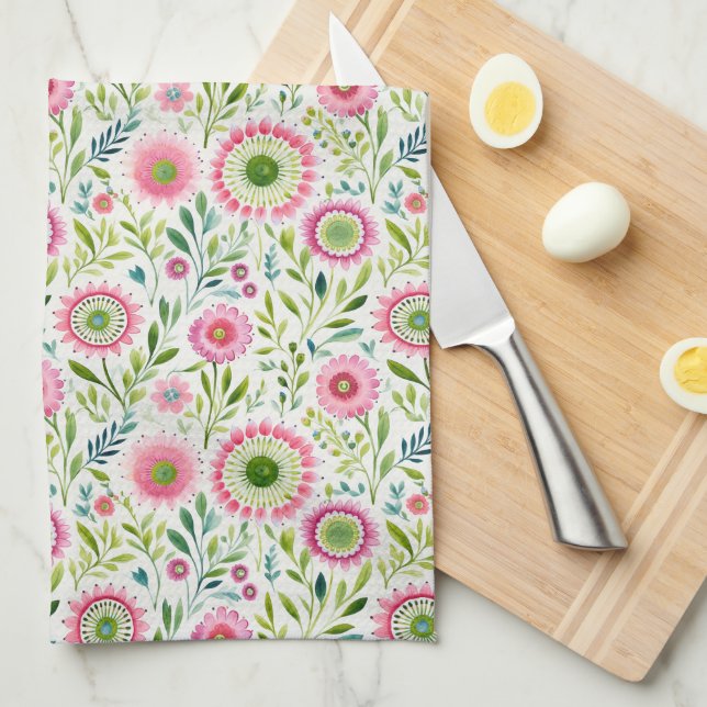 Rosa och Grönt Blommigt Kitchen Towel Kökshandduk (Vikt i Fjärdedel)