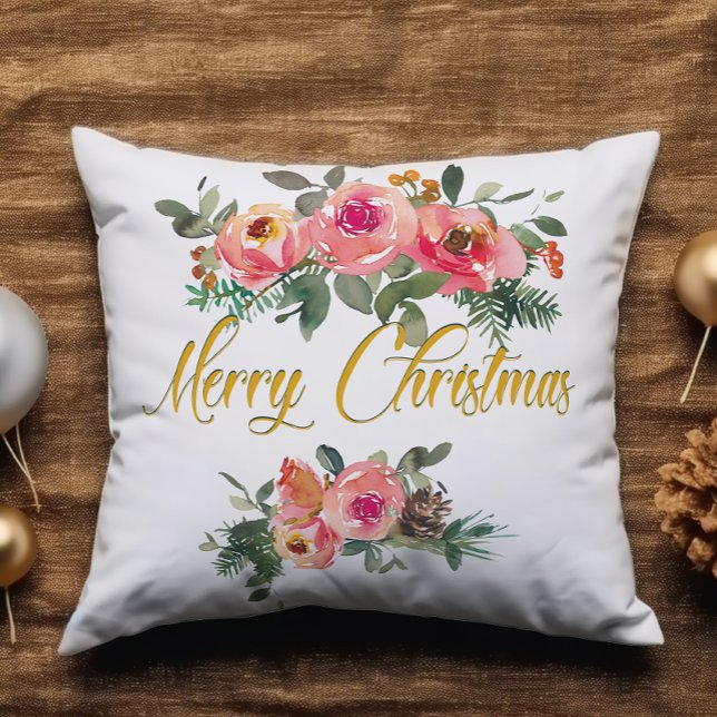 Rosa och Grönt Blommigt Lägg till Namn God jul Kudde (Skapare uppladdad)