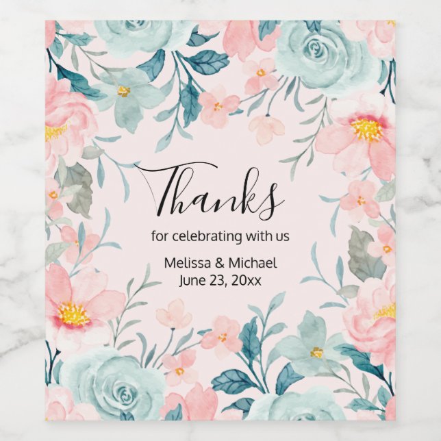 Rosa och Grönt Blommigt Ram Bröllop Vinflaska Etikett (Singel etikett)