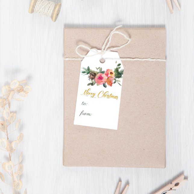 Rosa och Grönt Blommigt Vattenfärg God jul Presentetikett (Skapare uppladdad)