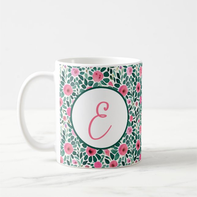 Rosa och grönt blommönster i vattenfärg, monogram kaffemugg (Vänster)