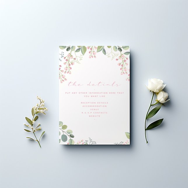 Rosa och grönt blommor, elegant av uppgifter tilläggskort (Pretty wedding the details information card with pink flowers and olive branches.)