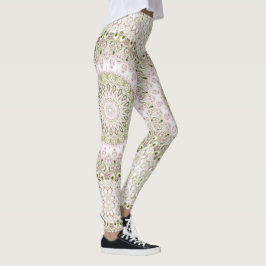 Rosa och grönt blomster-mandalamönsterdesign leggings