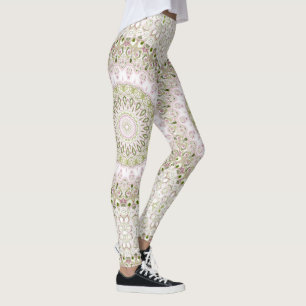 Rosa och grönt blomster-mandalamönsterdesign leggings