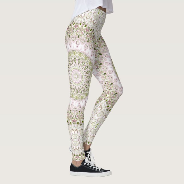 Rosa och grönt blomster-mandalamönsterdesign leggings (Höger)