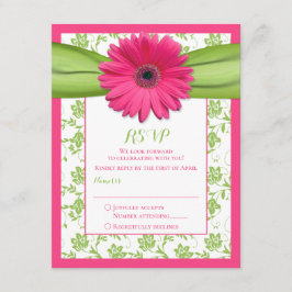 Rosa och grönt blomsterdamast-svarskort för bröllo OSA kort