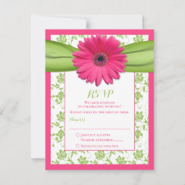 Rosa och grönt blomsterdamast-svarskort för bröllo OSA kort