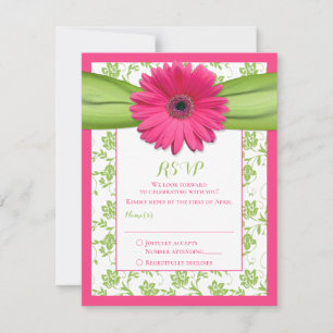 Rosa och grönt blomsterdamast-svarskort för bröllo OSA kort