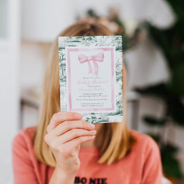 Rosa och Grönt Bow Chinoiserie Monogram Baby Showe Inbjudningar